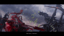 a video game character says i 'm sorry patriot in front of a dragon