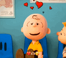 charlie brown from the peanuts movie is sitting in a waiting room surrounded by hearts