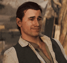 a man wearing a vest and a shirt is smiling