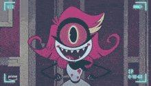 a cartoon character is holding a video camera in her hand while sitting on a bed .