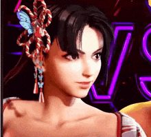 a woman with a butterfly in her hair stands in front of a neon sign that says v