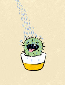 a drawing of a smiling cactus with water coming out of its mouth