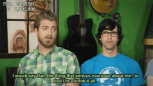 two men are standing next to each other and one has a shirt that says r & l smosh on it