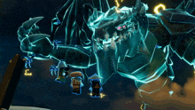 a group of lego figures are standing in front of a large monster