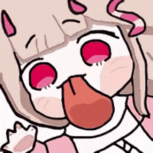 a close up of a cartoon character with her tongue out .