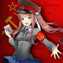a girl wearing a red hat and a red armband holds a book that says soviet union