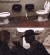 a man in a cowboy hat stands in front of two toilets in a public restroom