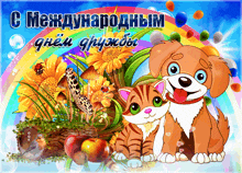 a dog and a cat are on a greeting card with flowers and a rainbow in the background