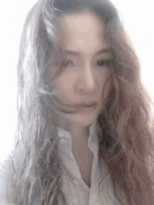 a woman with long brown hair and a white shirt looks at the camera