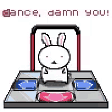 a bunny is sitting on top of a dance floor with the words `` dance , damn you '' .