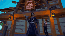a man holding a gun stands in front of a building with a sign that says captain arawak