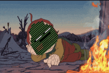 a cartoon character is laying in front of a fire with a mask on his face