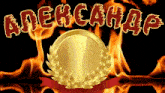 a gold coin with a laurel wreath surrounded by flames and the words " anehcahap "