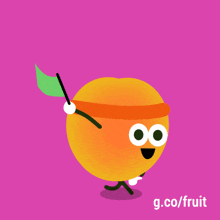 a cartoon illustration of an orange with a green flag and the words g.co/fruit below it