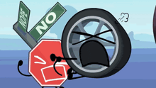 a stop sign is next to a tire and a street sign that says no