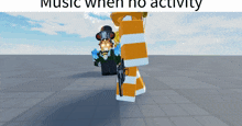 a video game character is standing next to an orange and white traffic cone