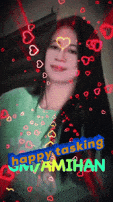 a picture of a woman with hearts and the words happy tasking