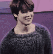a young man in a sweater is smiling and looking at the camera .