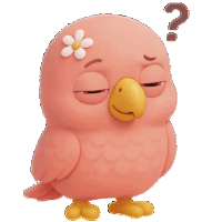 a pink bird with a flower on its head has a question mark on its head