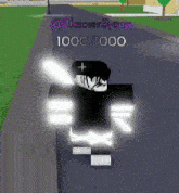a cartoon character is walking down a street in a video game with a glowing sword .
