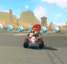 mario is driving a kart with a question mark on the side
