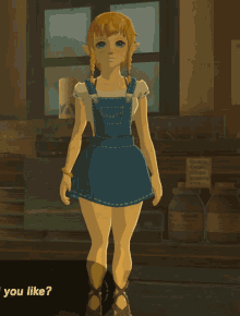 a girl in overalls is standing in front of a window with a sign that says you like