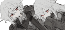 a black and white drawing of two anime characters with red eyes