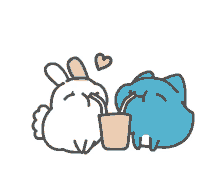 a blue cat drinking through a straw next to a white cat