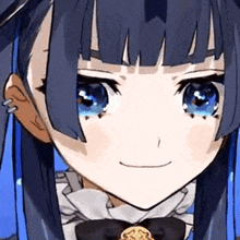 a close up of a anime girl 's face with blue hair and a bow tie .