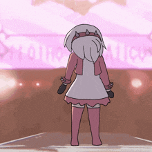 a drawing of a girl holding a microphone in front of a sign that says ' oi ho ' on it