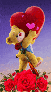 a teddy bear is holding a red heart surrounded by roses