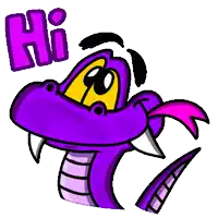 a cartoon of a purple snake with a pink tongue saying hi