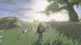 a video game character with a sword and shield is walking through a grassy field .