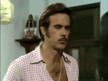 a man with a mustache is wearing a plaid shirt without a shirt