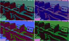 four different colored images of cubicles with computer monitors with the letters cdc on them