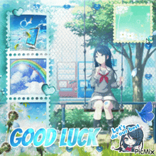 a picture of a girl sitting on a swing with the words good luck on it