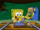 a cartoon of spongebob eating kelloggs cereal