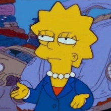 a cartoon character from the simpsons is wearing a blue jacket and pearl necklace .