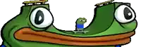 a cartoon frog is riding a skateboard through a hole in its head .