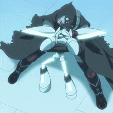 a drawing of a person with a black cape and a robotic leg