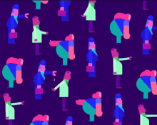 a purple background with a pattern of people in different colors