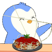 a cartoon penguin is eating spaghetti with meatballs and sauce