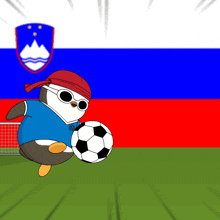 a cartoon of a penguin kicking a soccer ball with a flag in the background