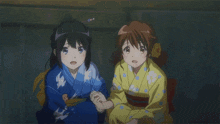 two anime girls in kimonos are looking up at something