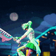a girl with green hair is holding a giant keyboard