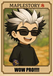 a poster for maplestory shows a boy wearing sunglasses and a black shirt