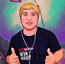 a man giving a thumbs up wearing a black shirt that says ' oday ' on it