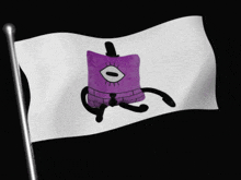 a white flag with a purple square with an eye and a top hat