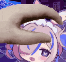 a person 's hand is reaching out to touch a girl 's face in front of a sign that says " new "