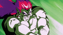 a cartoon character with purple hair and green muscles is standing in front of a green background